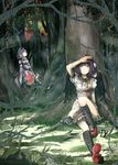  animal_ears bad_id bad_pixiv_id black_hair branch breasts cibo_(killy) detached_sleeves feathers forest frown geta grass hand_on_own_face hat inubashiri_momiji kneehighs leaf leg_up long_sleeves looking_up maple_leaf medium_breasts multiple_girls nature no_hat no_headwear pom_pom_(clothes) red_eyes ribbon shameimaru_aya shield short_hair short_sleeves silver_hair sitting standing sword tengu-geta tokin_hat touhou weapon wide_sleeves wings wolf_ears 