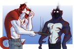  anthro beef_stroganov blazerwolf canine clothed clothing doing_it_wrong duo feline half-dressed male mammal tiger topless wolf 