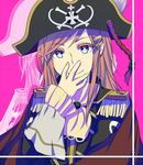  ascot bad_id bad_pixiv_id blue_eyes epaulettes grin hair_ornament hairclip hand_on_own_face hat kantomu katou_marika long_hair miniskirt_pirates pink_hair pirate_hat smile solo 