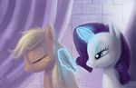  blonde_hair blue_eyes brush curtains duo equine eyes_closed female feral freckles friendship_is_magic hair horn horse magic mammal my_little_pony pony raikoh-illust raikoh14 rarity_(mlp) unicorn 