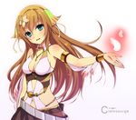  armlet bare_shoulders blue_eyes bracelet breasts brown_hair ciel_nosurge cleavage copyright_name feathers hair_ornament hijiki_(hijikini) ionasal_kkll_preciel jewelry long_hair medium_breasts navel necklace smile solo surge_concerto 
