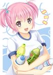  :d bandaid bandaid_on_elbow blush bottle breasts drink fuyu_urara gym_uniform hair_bobbles hair_ornament ito-en looking_at_viewer medium_breasts open_mouth original pink_eyes short_hair short_twintails smile solo twintails water_bottle 
