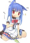  amaa_(chou_dennou_jidai) animal_ears bad_id bad_pixiv_id blue_hair blush bow cat_ears hinanawi_tenshi red_eyes revision sitting solo touhou wariza 