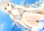  absurdres ball benio_(dontsugel) bikini breasts cleavage cloud day food green_eyes highres ice_cream long_hair medium_breasts mouth_hold original polka_dot polka_dot_bikini polka_dot_swimsuit popsicle silver_hair sitting solo swimsuit water white_hair 