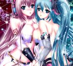  aqua_eyes aqua_hair bare_shoulders blush breast_press breasts bridal_gauntlets eyebrows_visible_through_hair hatsune_miku hatsune_miku_(append) holding_hands large_breasts long_hair looking_at_viewer megurine_luka multiple_girls nohoho_(kakikonchi) open_mouth pink_hair symmetrical_docking twintails very_long_hair vocaloid vocaloid_append 
