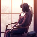  armchair bangs black_hair book breasts brown_eyes chair dress indoors juliet_sleeves kuonji_alice long_dress long_sleeves looking_away mahou_tsukai_no_yoru medium_breasts open_book puffy_sleeves sad short_hair sitting sleeves_past_wrists solo turtleneck window yangsion 