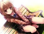  bad_id bad_pixiv_id bangs bench between_thighs black_legwear blush brown_eyes brown_hair dutch_angle eyebrows_visible_through_hair kneehighs long_sleeves looking_at_viewer missile228 original pleated_skirt school_uniform short_hair sitting skirt smile solo sweater v_arms 