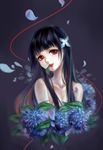  bare_shoulders black_hair flower hair_flower hair_ornament hydrangea leaf lips long_hair mouth_hold rainygo red_eyes red_string sanka_rea sankarea solo string 