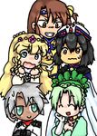  black_hair blonde_hair brown_eyes brown_hair cape chloe_valens choker eyes_closed flower frills green_eyes green_hair grey_hair grune_(tales) grune_(tales_of_legendia) hair_ornament hat jewelry necklace norma_beatty open_mouth senel_coolidge shirley_fennes tales_of_(series) tales_of_legendia tattoo 