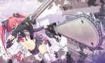  breasts chainsaw corvette_(ko_ru) detached_sleeves dual_wielding green_eyes highres holding long_hair midriff navel original red_hair ringlets shoes skirt small_breasts solo thighhighs twintails underboob white_legwear 