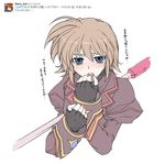  blue_eyes blush brown_hair elf_(stroll_in_the_woods) gloves highres luciferion lyrical_nanoha mahou_shoujo_lyrical_nanoha mahou_shoujo_lyrical_nanoha_a's mahou_shoujo_lyrical_nanoha_a's_portable:_the_battle_of_aces material-s open_mouth short_hair solo translated twitter 