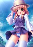  :o blonde_hair blue_eyes blush cameltoe cloud day hand_on_headwear hat looking_at_viewer moriya_suwako open_mouth panties sky solo striped striped_panties takeponi thighhighs touhou underwear upskirt white_legwear yellow_eyes 