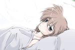  bed_sheet blue_eyes blush brown_hair elf_(stroll_in_the_woods) looking_at_viewer lying lyrical_nanoha mahou_shoujo_lyrical_nanoha mahou_shoujo_lyrical_nanoha_a's mahou_shoujo_lyrical_nanoha_a's_portable:_the_battle_of_aces material-s on_back short_hair solo 