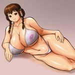  1girl bikini braid breasts brown_hair curvy dead_or_alive erect_nipples female grey_bikini highleg highleg_panties hips huge_breasts lei_fang lying mound_of_venus navel on_side panties smile solo sugata_(artist) swimsuit tecmo thighs twin_braids underwear wide_hips 