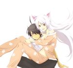  ahoge animal_ears araragi_koyomi bakemonogatari black_eyes black_hair black_hanekawa breasts cat_ears cleavage hanekawa_tsubasa highres long_hair medium_breasts monogatari_(series) navel nekomonogatari pajamas white_hair 