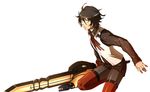  23_(real_xxiii) god_eater god_eater_burst huge_weapon looking_at_viewer male_focus pantyhose red_eyes ren_(god_eater) simple_background solo thighhighs weapon white_background 