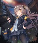  1girl 2drr :d armband bag bangs black_jacket black_legwear black_skirt blue_sky blush brown_eyes brown_hair commentary day dress_shirt eyebrows_visible_through_hair girls_frontline gun h&amp;k_ump45 hair_between_eyes hair_ornament hand_on_hip heckler_&amp;_koch highres holding holding_gun holding_weapon jacket long_hair long_sleeves looking_at_viewer object_namesake one_side_up open_clothes open_jacket open_mouth outdoors pantyhose pleated_skirt revision scar scar_across_eye shirt skirt sky smile solo standing submachine_gun ump45_(girls_frontline) very_long_hair weapon white_shirt 