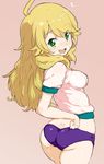  ahoge ass blonde_hair breasts buruma green_eyes gym_uniform heart hoshii_miki idolmaster idolmaster_(classic) long_hair looking_back medium_breasts open_mouth randou smile solo 