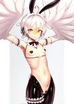  1girl actinium89 ahoge arm_garter armpits arms_up black_necktie breasts commentary_request commission cowboy_shot fake_tail feathers grey_hair hair_between_eyes harpy heart_maebari heart_pasties highres maebari maid_headdress meme_attire monster_girl navel necktie original pasties pussy reverse_bunnysuit reverse_outfit short_hair skeb_commission small_breasts solo tail white_feathers white_hair white_wings wings yellow_eyes 