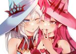  2girls :t baobhan_sith_(fate) baobhan_sith_(valentine_witches)_(fate) bare_shoulders blue_headwear blush cheek-to-cheek close-up closed_mouth fang fate/grand_order fate_(series) grey_eyes hat heads_together heart highres long_hair mabotofu_maki morgan_le_fay_(fate) morgan_le_fay_(valentine_witches)_(fate) mother_and_daughter multiple_girls one_eye_closed pink_hair pink_headwear pointy_ears sidelocks skin_fang upper_body v white_background white_hair witch_hat 