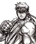 bad_id bad_pixiv_id clenched_hand collarbone fingerless_gloves gloves greyscale headband looking_at_viewer male_focus monochrome muscle ryuu_(street_fighter) shibasaki_shouji simple_background solo street_fighter white_background 