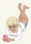  1girl absurdres barefoot blonde_hair blue_eyes daipunch dark_skin glasses grey_shorts gyaru highres holding holding_phone long_hair lying on_stomach original phone pink_nails shirt shorts side_ponytail tan white_shirt 