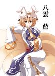  animal_ears be_(o-hoho) blonde_hair breasts brown_eyes character_name fox_tail hat large_breasts long_sleeves multiple_tails sitting smile solo tail touhou yakumo_ran 