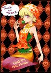  argyle argyle_background bad_id bad_pixiv_id blonde_hair halloween happy_halloween heart highres kneeling nakasone_haiji original pantyhose pink_eyes pink_legwear solo symbol-shaped_pupils trick_or_treat 