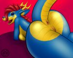 5:4 anthro anus big_butt blue_body blue_eyes blue_fur breasts butt dragon eastern_dragon female fur furred_dragon genitals hair looking_at_viewer mike_santos multicolored_body pussy red_hair scalie side_boob smile smiling_at_viewer solo teeth