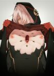  1boy androgynous blue_eyes blush clothes_lift colored_eyelashes facing_viewer fate/grand_order fate_(series) from_below gloves hair_over_one_eye half-closed_eyes highres hood hood_up karna_(fate) karna_(santa)_(fate) looking_at_viewer looking_down male_focus navel nipples open_mouth pectorals puffy_nipples red_gloves short_hair sm solo upper_body white_hair 