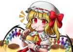  1girl ascot blonde_hair chewing closed_mouth commentary_request flandre_scarlet food frilled_shirt_collar frilled_sleeves frills hat hat_ribbon holding holding_spoon medium_hair mob_cap notice_lines one_side_up pudding puffy_short_sleeves puffy_sleeves red_eyes red_ribbon red_skirt red_vest ribbon ribbon-trimmed_headwear ribbon_trim shirt short_sleeves skirt smile solo spoon touhou vest websci_3357 white_headwear white_shirt wings yellow_ascot 
