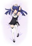  arm_garter armpits blue_hair bow dakimakura dress furude_rika hair_bow hair_ribbon highres higurashi_no_naku_koro_ni image_sample lmo long_hair lying maid_headdress md5_mismatch on_back pixiv_sample purple_eyes ribbon skirt smile thighhighs twintails 