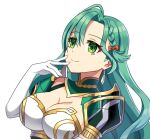  1girl aqua_hair armor braid breasts chloe_(fire_emblem) fire_emblem fire_emblem_engage gloves green_eyes hand_on_own_face large_breasts looking_to_the_side pegasus_knight_uniform_(fire_emblem) shira_yu_ki shoulder_armor side_braid solo teardrop_earrings upper_body white_gloves 