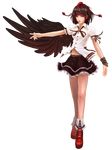  absurdres black_wings brown_hair expressionless full_body hat highres looking_at_viewer modama navel outstretched_arm parted_lips red_eyes shameimaru_aya short_hair single_wing solo standing touhou transparent_background wings wristband 