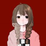  1girl ahoge arms_at_sides blush braid brown_eyes brown_hair closed_mouth denkai_461 expressionless hair_over_shoulder highres long_hair long_sleeves looking_at_viewer low_twin_braids madotsuki pink_sweater pixelated print_sweater red_background simple_background solo straight-on sweater twin_braids yume_nikki 