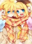  1girl blonde_hair blue_eyes brother_and_sister earmuffs gloves hair_ribbon kagamine_len kagamine_rin plaid plaid_scarf ribbon sakuragi_mikan scarf shared_scarf short_hair siblings smile twins vocaloid 