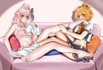  2girls animal_ears bare_legs barefoot bead_anklet blue_bow blush bow bowtie braid collared_shirt commission couch derivative_work eimi_isami feet full_body hair_bow hair_ornament hairclip highres holding holding_another&#039;s_foot indoors legs long_hair long_legs loose_socks medium_hair midriff multiple_girls navel nikishiko no_shoes on_couch open_mouth orange_bow orange_bowtie orange_hair phase_connect pink_bow pink_eyes pink_hair pink_shorts pipkin_pippa pixiv_commission rabbit_ears rabbit_girl shadow shirt short_shorts short_sleeves shorts signature sitting smell smile socks steaming_body stomach toenails toes virtual_youtuber white_socks x_hair_ornament yuri 
