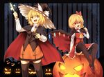  alternate_costume bad_id bad_pixiv_id black_legwear blonde_hair braid candy cape flandre_scarlet food halloween hat jack-o'-lantern kirisame_marisa lollipop multiple_girls ponytail pumpkin red_eyes short_hair side_ponytail thighhighs touhou tsuchifumazu wand wings witch_hat yellow_eyes 