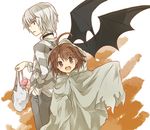  1girl :d accelerator ahoge albino alternate_costume bat_wings brown_eyes brown_hair cosplay demon ghost halloween last_order looking_at_viewer open_mouth red_eyes short_hair smile tachitsu_teto to_aru_majutsu_no_index white_hair wings 