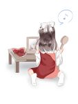  1girl absurdres bow brown_hair commentary_request detached_sleeves frilled_bow frills hair_bow hair_brush hakurei_reimu hidukihumi highres holding holding_hair_brush long_hair looking_at_mirror mirror musical_note red_bow reflection sitting solo speech_bubble spoken_musical_note table touhou white_bow 