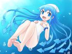  bad_id bad_pixiv_id barefoot blue_eyes blue_hair hat ikamusume long_hair one-piece_swimsuit pikuharu shinryaku!_ikamusume solo swimsuit tentacle_hair underwater 