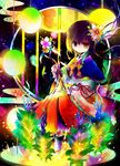  bad_id bad_pixiv_id black_hair colorful flower hair_ornament heterochromia japanese_clothes kazu_(muchuukai) long_hair miko original plant purple_eyes sitting solo yellow_eyes 