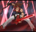  belt brown_hair chain fingerless_gloves gloves grin guilty_gear hair_over_one_eye headband long_hair male_focus red_eyes shuugetsu_karasu smile sol_badguy solo sword weapon 