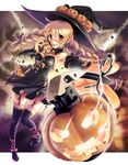  blonde_hair braid explosive food_themed_hair_ornament garter_straps grenade hair_ornament halloween hat jack-o'-lantern katahira_masashi long_hair original pumpkin pumpkin_hair_ornament red_eyes solo thighhighs twin_braids witch_hat 