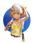  1boy arknights armpit_crease armpits artist_name aynoh border brown_headwear chestnut_(arknights) coca-cola commentary commentary_request highres male_focus medium_hair pointy_ears solo teeth upper_body white_border white_hair yellow_eyes 