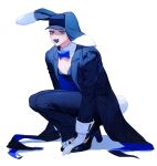  1boy animal_ears baseball_cap blue_bow blue_bowtie blue_coat blue_eyes blue_headwear blue_leotard blue_pants blue_theme blue_tongue bow bowtie coat coattails collared_coat colored_eyelashes colored_tongue crossdressing detached_collar fangs fishnets full_body gloves hands_on_feet hat high_heels highres leotard long_sleeves looking_at_viewer male_focus male_playboy_bunny open_mouth original pants pectoral_cleavage pectorals rabbit_boy rabbit_ears rabbit_tail sasi_mozzi1 simple_background solo squatting tail white_background 