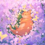  :3 bug butterfly cat closed_eyes fat flower from_side grass happy highres huhv. lying no_humans on_grass on_side orange_cat original purple_flower signature sleeping smile whiskers 