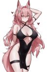  1girl animal_ears arknights arm_strap arm_up bare_shoulders black_dress blush braid breasts commentary cowboy_shot dress fangs_(fangs_art) groin hair_intakes halter_dress halterneck heart highres large_breasts long_hair looking_at_viewer pelvic_curtain pink_eyes pink_hair pozyomka_(arknights) simple_background solo standing tail thigh_strap thighs twin_braids very_long_hair white_background wolf_ears wolf_tail 