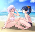  2girls barefoot beach bikini blue_eyes blue_hair blue_sky blush breasts cloud cloudy_sky collarbone commentary dated day feet frilled_bikini frills full_body grey_hair gridman_universe highres hori_shin large_breasts legs long_hair looking_at_viewer medium_breasts multiple_girls official_alternate_costume on_ground open_mouth outdoors pink_eyes ponytail shinjou_akane short_hair side-tie_bikini_bottom signature sitting sky soles squatting ssss.gridman swimsuit takarada_rikka thighs toenails toes upper_body white_bikini 