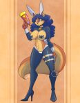 blue_hair bunny_costume canid canine carmelita_fox clothing costume cuff_(restraint) digital_drawing_(artwork) digital_media_(artwork) female fox fur gradient_background hair handcuffs hi_res mammal metal_cuffs orange_body orange_fur restraints simple_background sly_cooper_(series) sony_corporation sony_interactive_entertainment sucker_punch_productions weapon